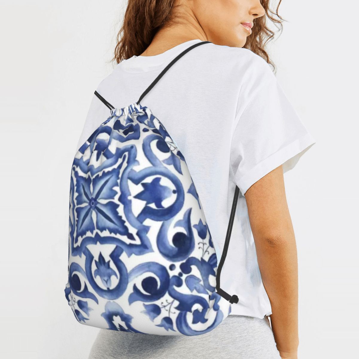 Blue Ornate Floral Mediterrane - Tile Bag Drawstring ulasan dan harga
