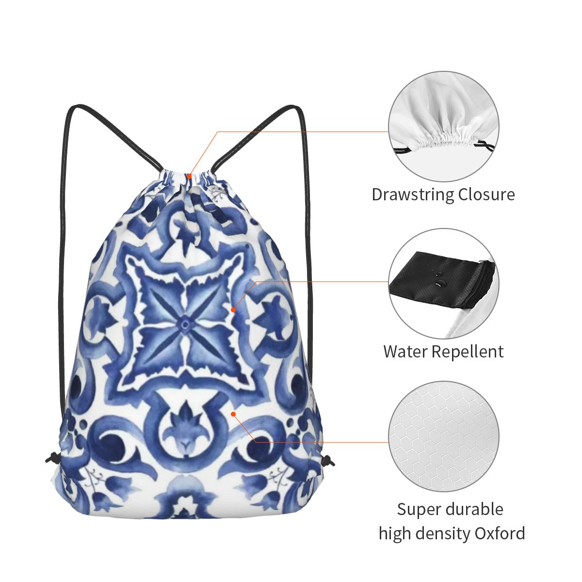 Blue Ornate Floral Mediterrane - Tile Bag Drawstring ulasan dan harga