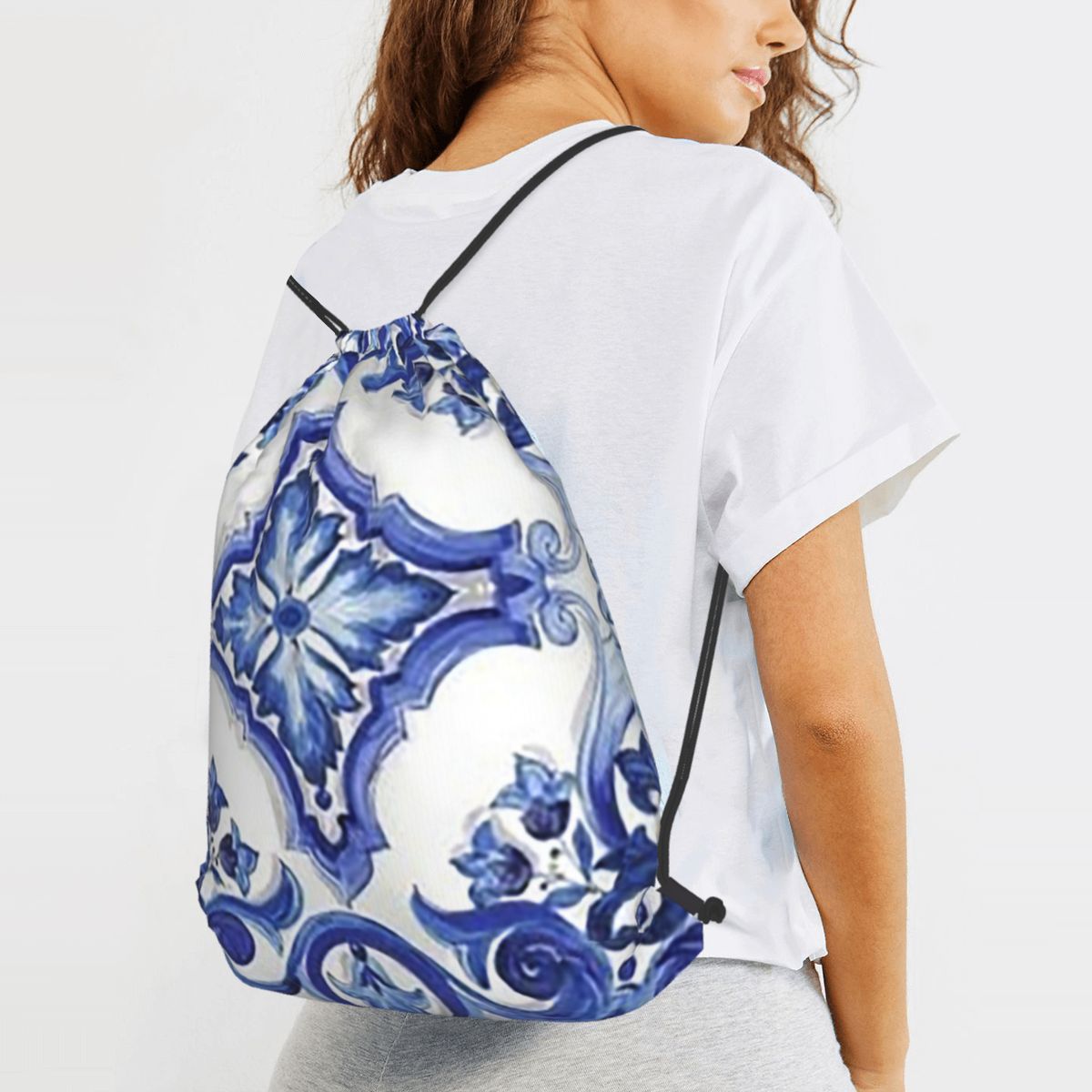 Blue Ornate Floral Mediterrane - Tile Bag Drawstring ulasan dan harga