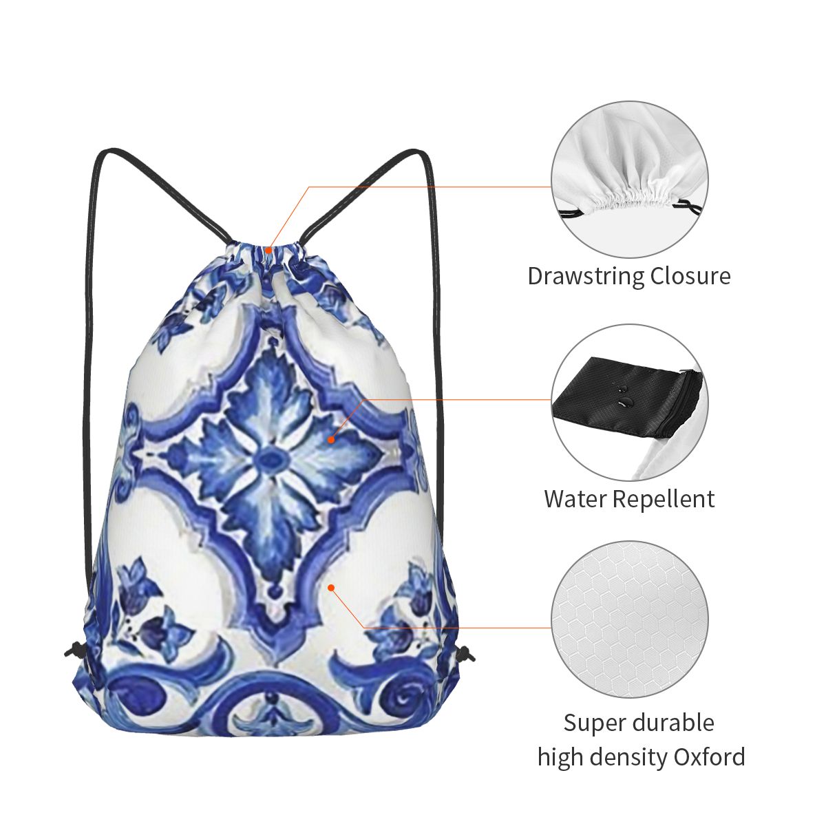Blue Ornate Floral Mediterrane - Tile Bag Drawstring ulasan dan harga