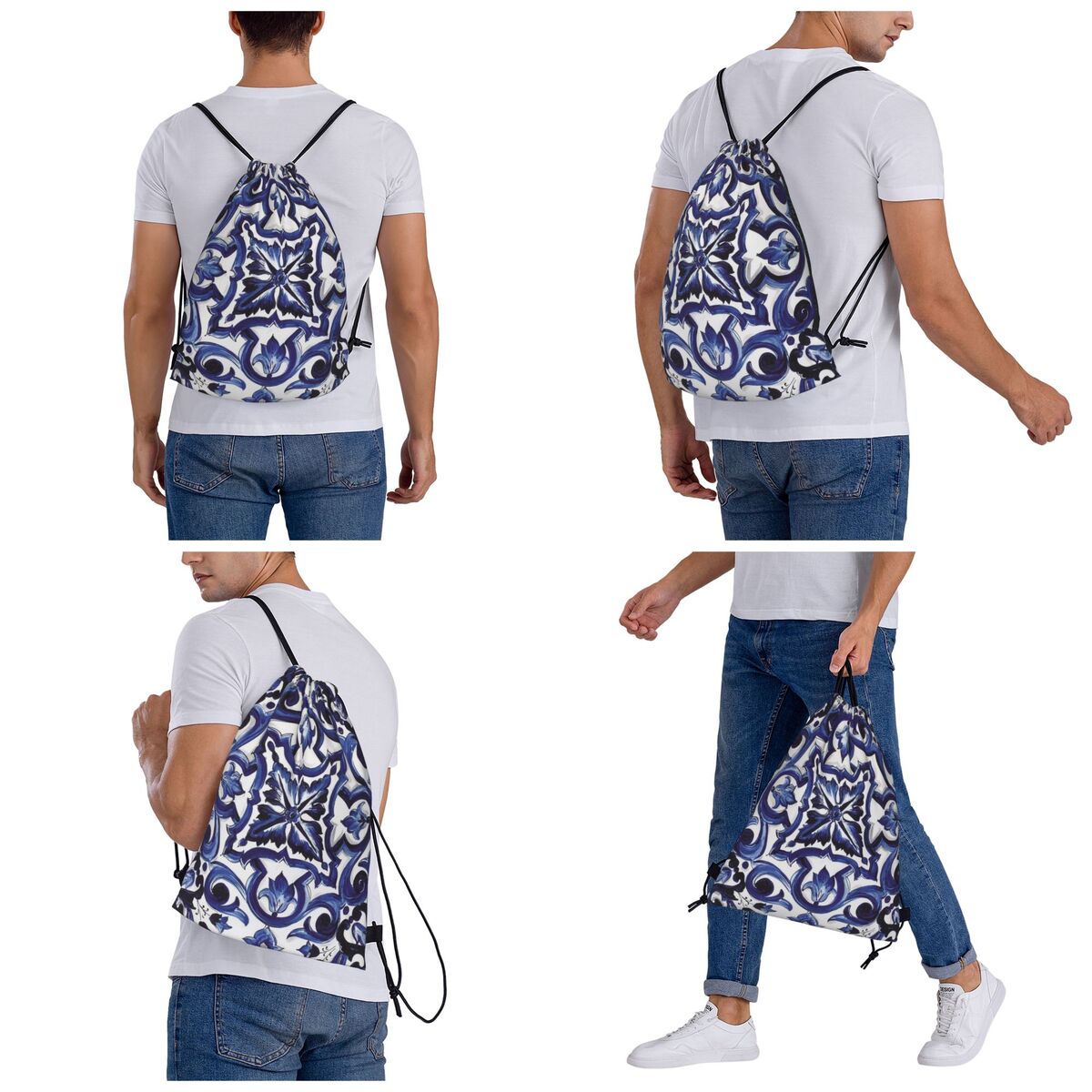Blue Ornate Floral Mediterrane - Tile Bag Drawstring ulasan dan harga