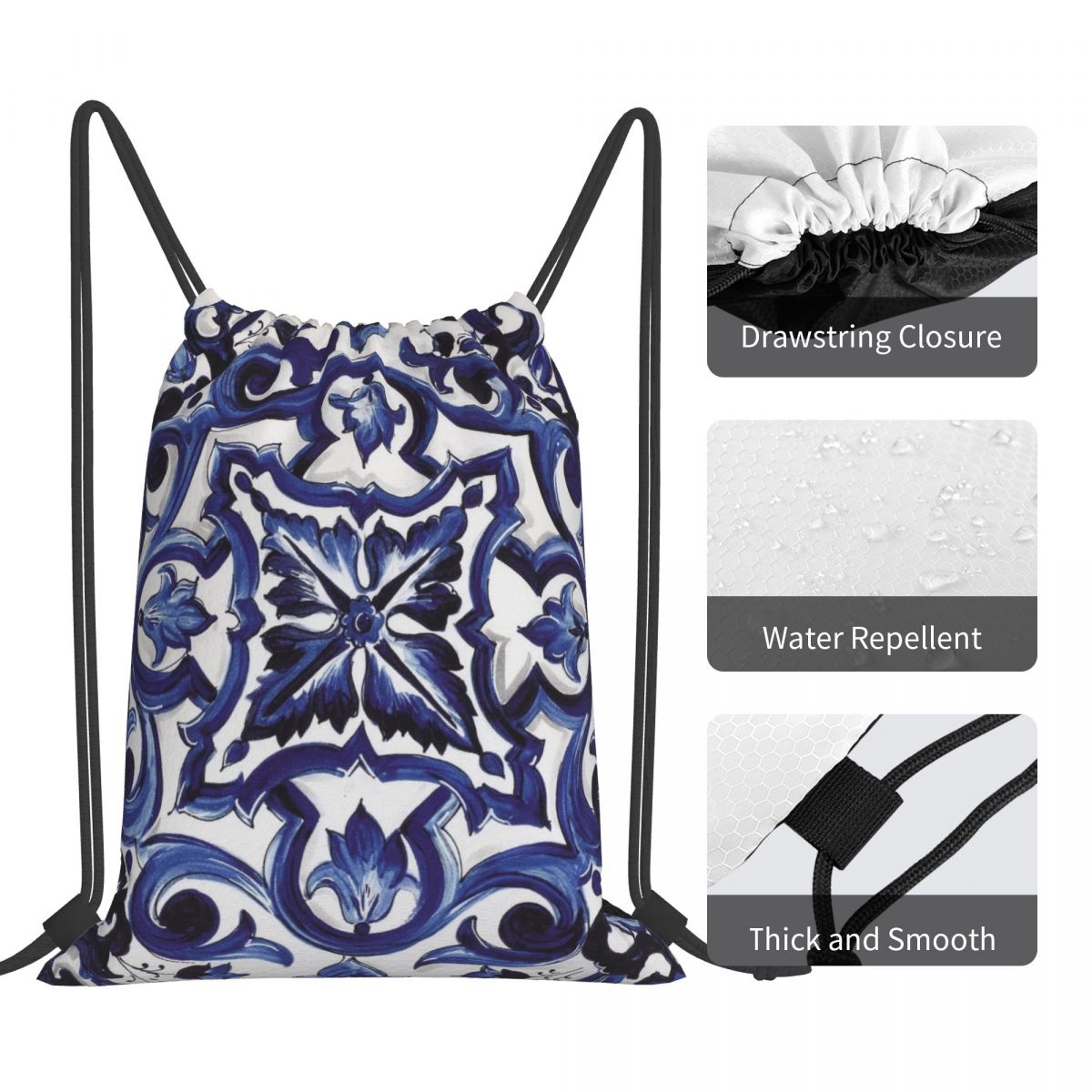 Blue Ornate Floral Mediterrane - Tile Bag Drawstring ulasan dan harga