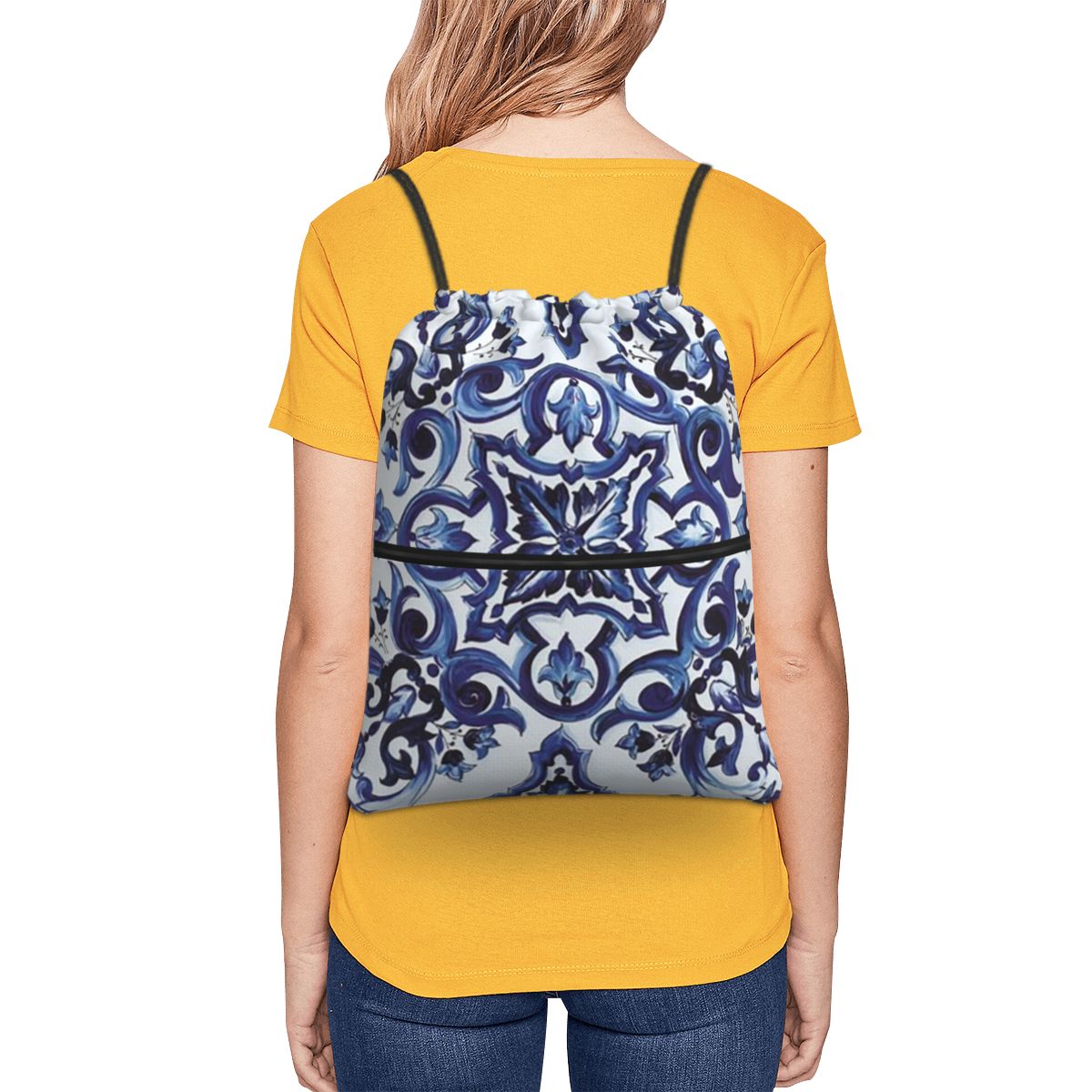 Blue Ornate Floral Mediterrane - Tile Bag Drawstring ulasan dan harga