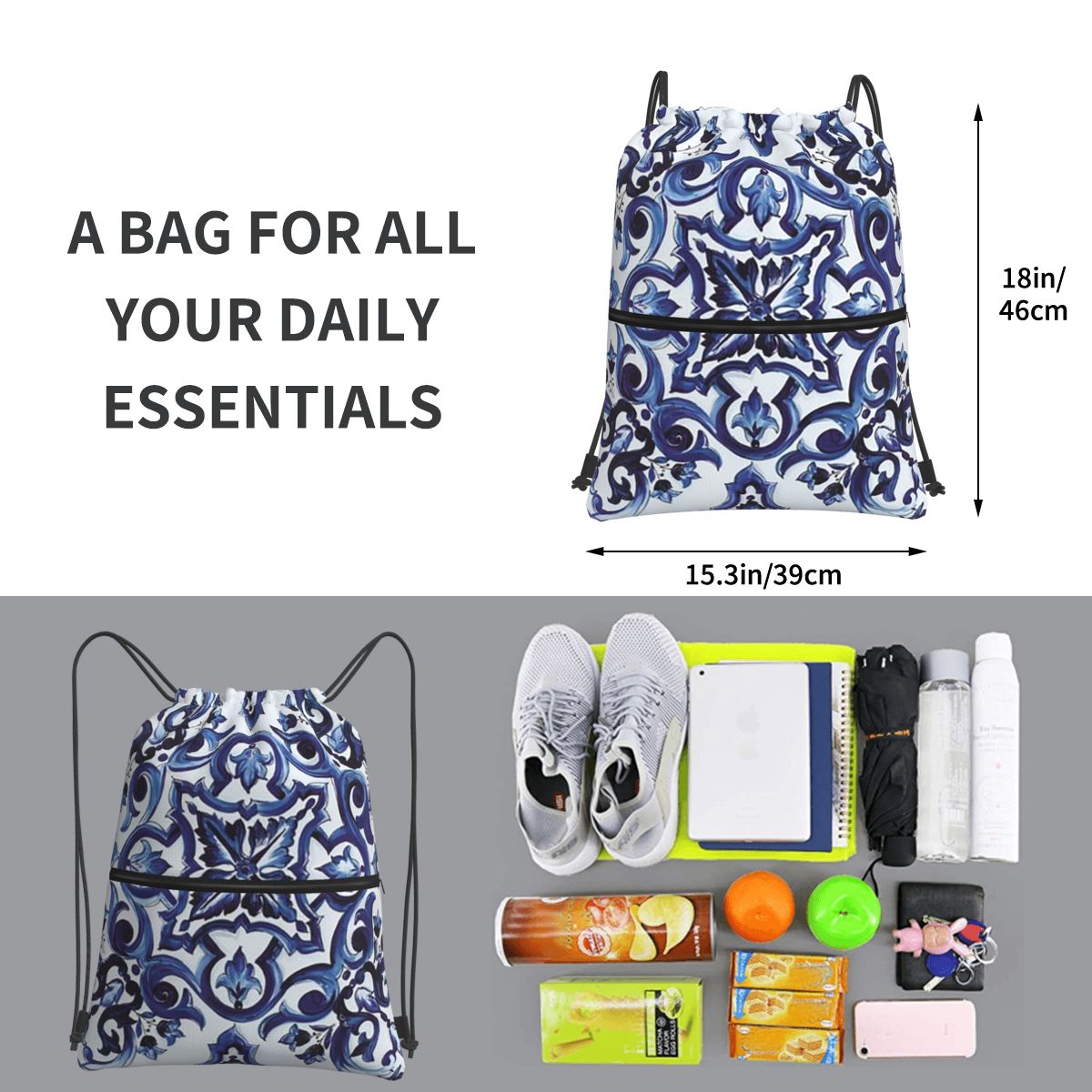 Blue Ornate Floral Mediterrane - Tile Bag Drawstring ulasan dan harga