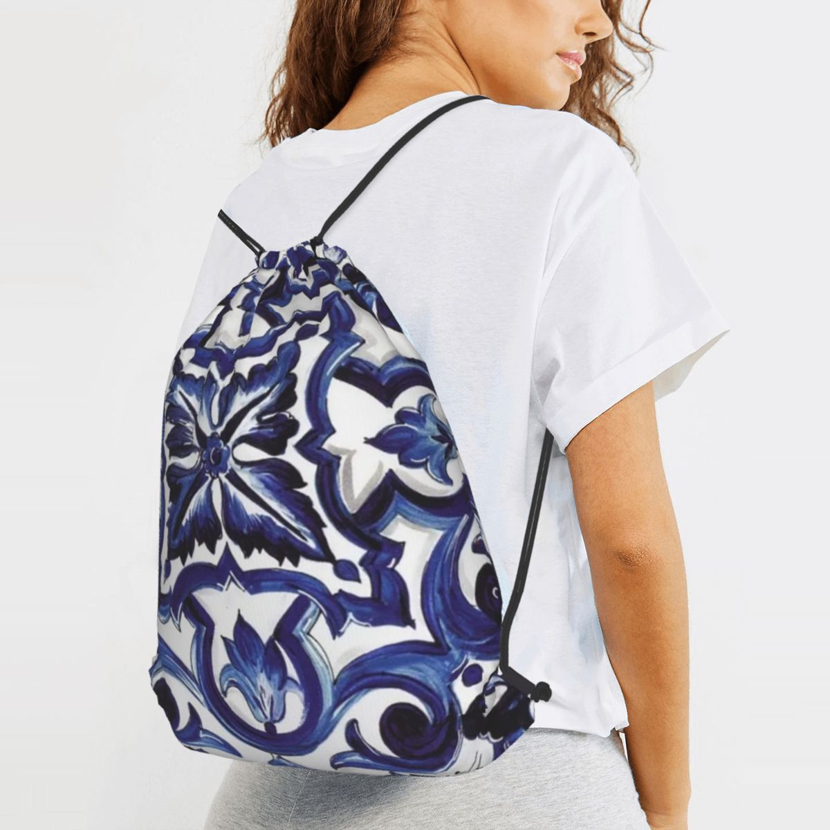 Blue Ornate Floral Mediterrane - Tile Bag Drawstring ulasan dan harga