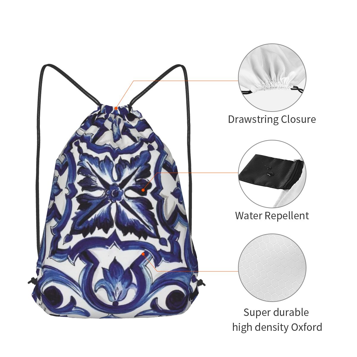 Blue Ornate Floral Mediterrane - Tile Bag Drawstring ulasan dan harga