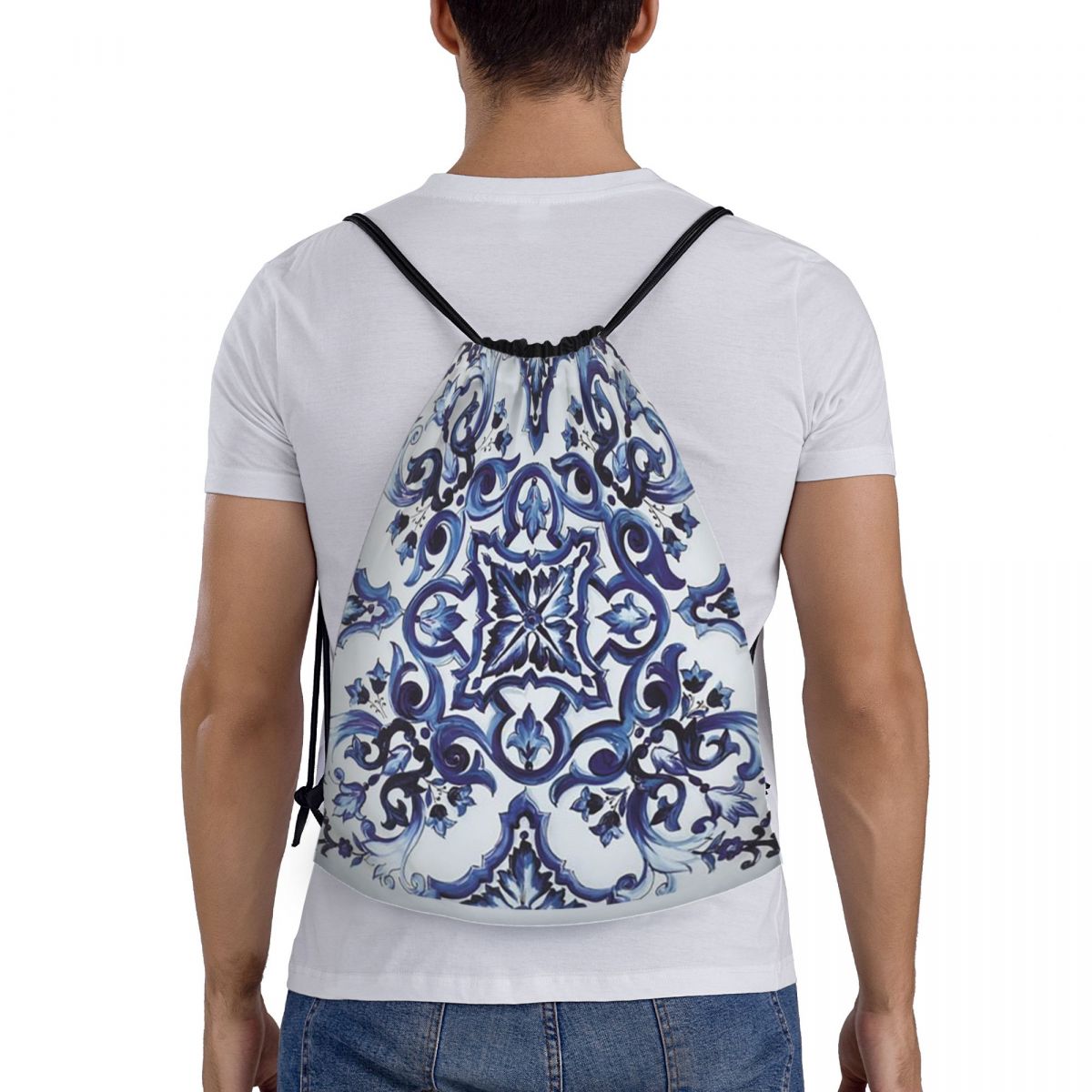Blue Ornate Floral Mediterrane - Tile Bag Drawstring ulasan dan harga