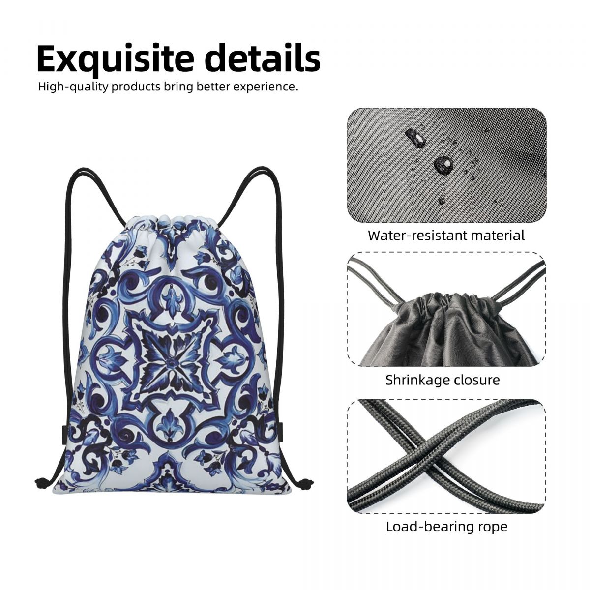 Blue Ornate Floral Mediterrane - Tile Bag Drawstring ulasan dan harga