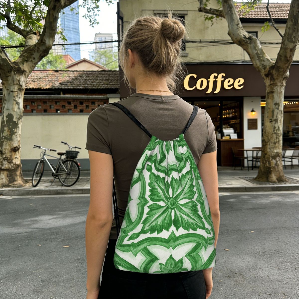 Green Ornate Floral Mediterran - Tile Bag Drawstring ulasan dan harga
