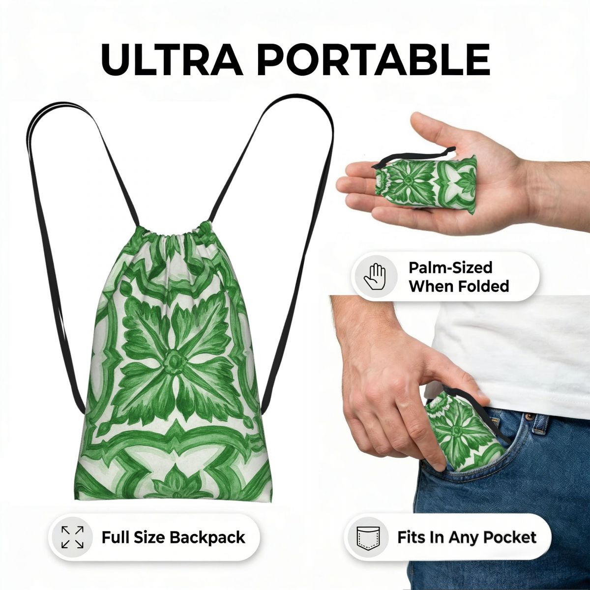 Green Ornate Floral Mediterran - Tile Bag Drawstring ulasan dan harga
