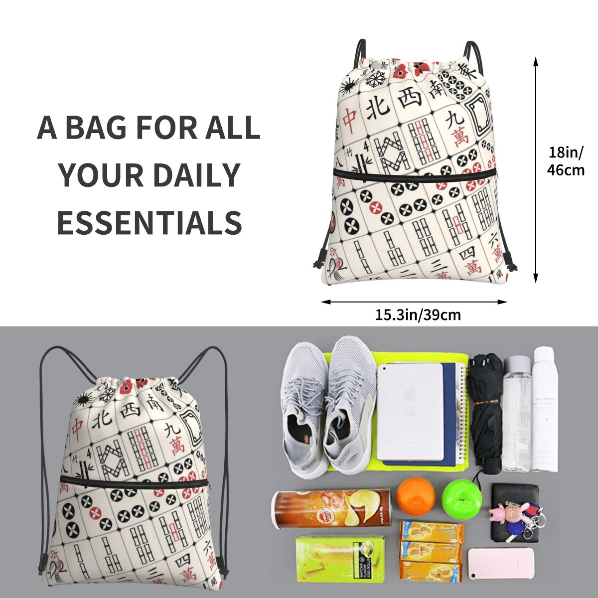 Mahjong Tile Pattern Backpacks - Tile Bag Drawstring ulasan dan harga